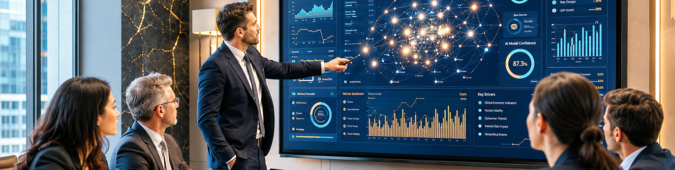 Professional advisors in a bright modern boardroom review AI-powered financial forecasts, predictive charts, and network analytics displayed on a large digital screen.