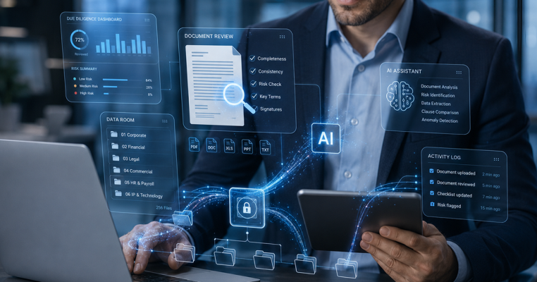 Business professional using a laptop and tablet with AI-powered due diligence dashboards, document review tools and secure virtual data room interfaces.