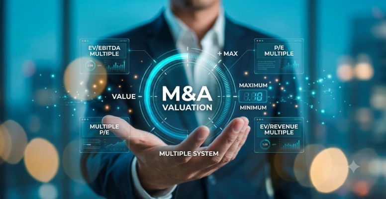 Conceptual illustration of company valuation in M&A showing a executive holding a futuristic blue holographic display with key financial metrics including EV/EBITDA, P/E, and EV/Revenue multiples.