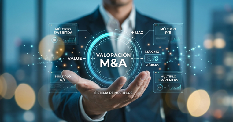 Ilustración conceptual de valoración de empresas en M&A que muestra una mano sosteniendo un holograma interactivo con métricas financieras como EV/EBITDA, P/E y EV/Ventas.