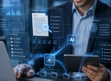 Profesional de los negocios que utiliza un ordenador portátil y una tableta con paneles de control de diligencia debida basados en inteligencia artificial, herramientas de revisión de documentos e interfaces de salas de datos virtuales seguras.