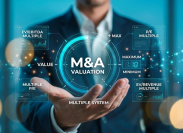 Conceptual illustration of company valuation in M&A showing a executive holding a futuristic blue holographic display with key financial metrics including EV/EBITDA, P/E, and EV/Revenue multiples.