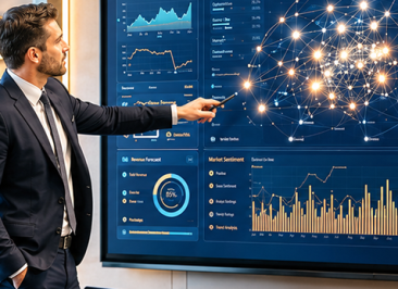 Professional advisors in a bright modern boardroom review AI-powered financial forecasts, predictive charts, and network analytics displayed on a large digital screen.