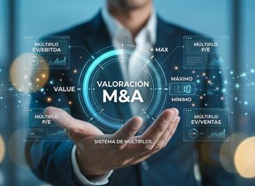 Ilustración conceptual de valoración de empresas en M&A que muestra una mano sosteniendo un holograma interactivo con métricas financieras como EV/EBITDA, P/E y EV/Ventas.