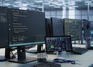 Data center facility employing deep learning technology to maintain company network infrastructure. Neural networks tech used in server room to ensure optimal system performance, handheld camera shot